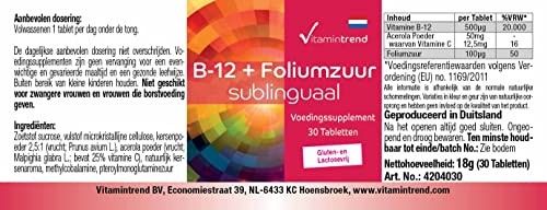 Vitamintrend Vitamin B12 500 µg + Folsäure 100 µg sublingual, 30 Tabletten, mit Acerola, hochdosiert, Nahrungsergänzungsmittel vegan, in Deutschland hergestellt