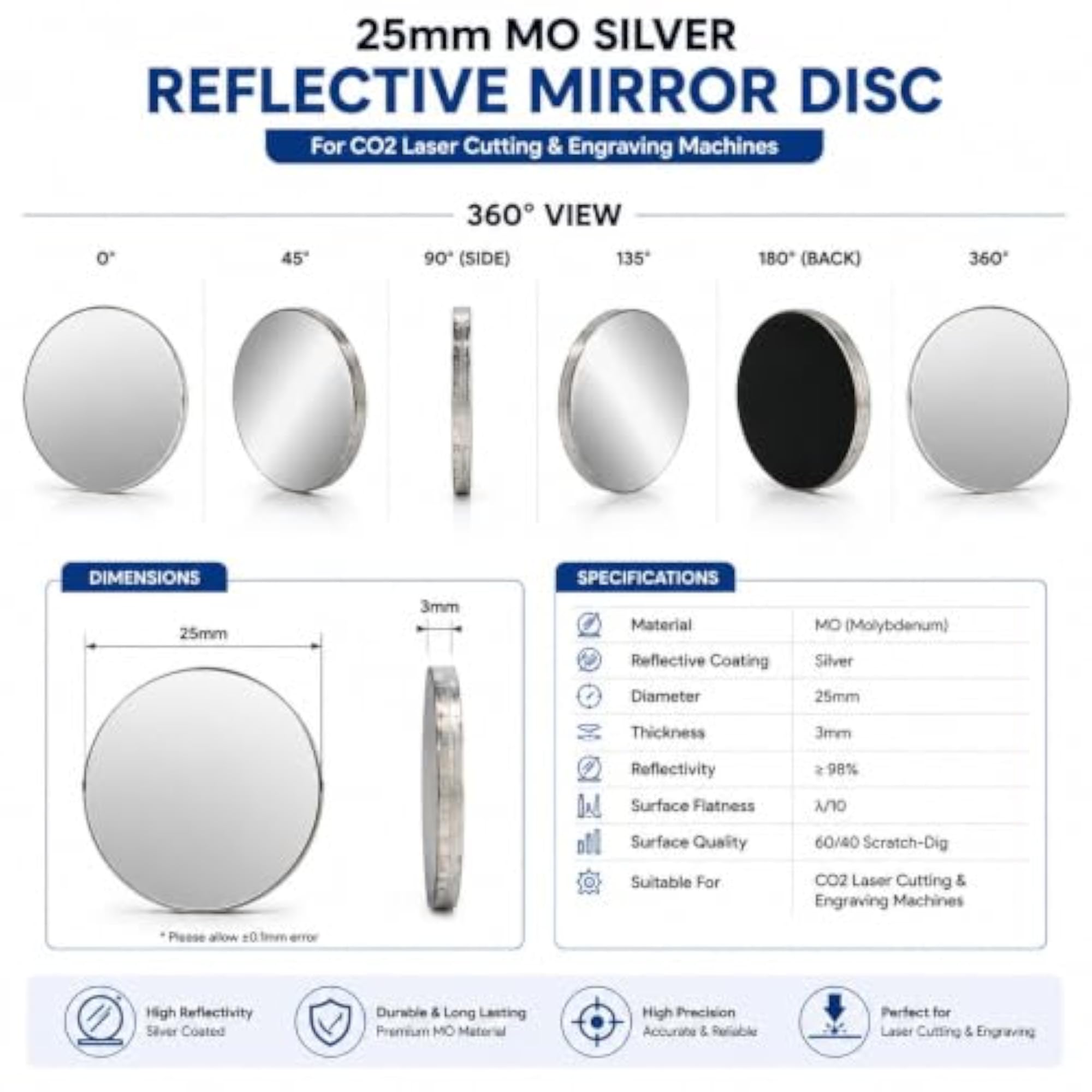 25mm MO Metal Reflective Mirror Disc