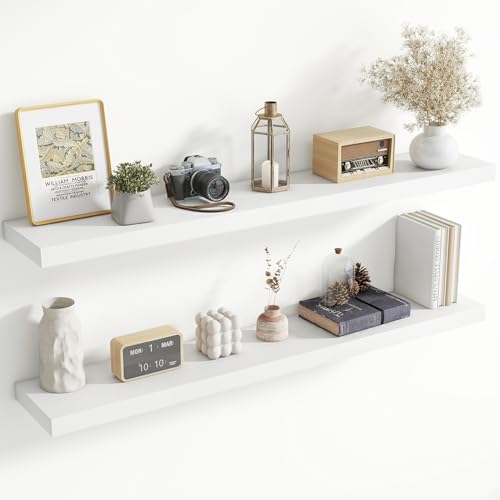 Image of 55 Inch Floating Shelves for Wall, 8 Inch Deep Floating Shelf for Storage & Display, Rustic Wall Mounted Shelf with Invisible Brackets for Living Room, Kitchen, Bathroom, Home Decor, Set of 2, White
