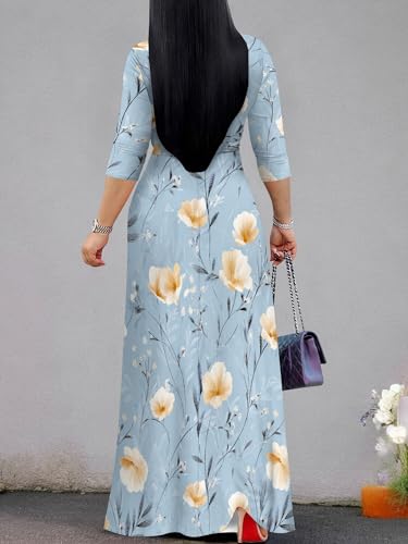 Image of Women's V Neck Floral Maxi Dress 3 /4 Sleeve Plus Size Boho Wrap Flowy Long Dresses with Belt