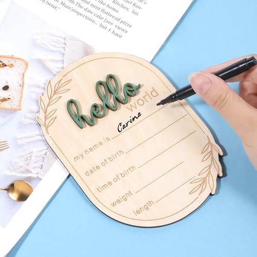 Image of Baby Announcement Sign, 5.9 Inch Wooden Hello World Newborn Signs Birth Baby Name Plaques Birth Announcement Sign for Newborn Boys and Girls Photo Prop Ba-by Shower Hospital Nursery Gift