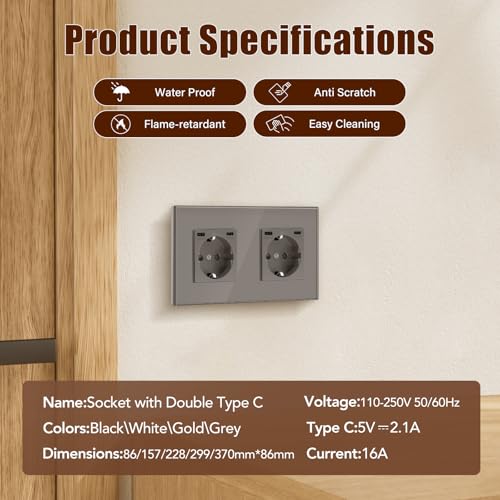BSEED Steckdose mit USB C(5 V 2.1A),Unterputz Steckdose (Typ C und Typ C),16A 250V 2 Fach Wandsteckdose,2*USB C Einbausteckdose Geeignet f&uuml;r Phone,Pad-157mm*86mm,Grau