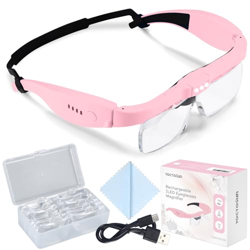 YOCTOSUN Magnifying Glasses with Light, Rechargeable Magnifying Headset with 5 Detachable Lenses 0.75X-4.0X and 3 LED Lights, Hands Free Headband Magnifier for Close Work Hobby Crafts Jewelry