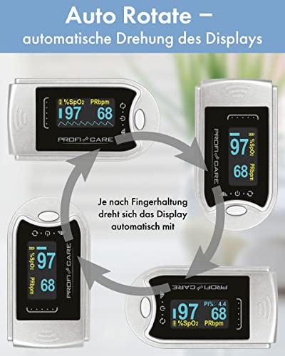 ProfiCare® Pulsoximeter Fingeroximeter für die Messung von Puls und Sauerstoffsättigung am Finger, 3in1 zur Messung von Puls, Sauerstoffsättigung u. Perfusionsindex, Oximeter Fingerclip PC-PO 3104