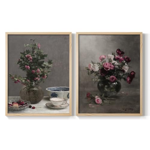 Renditions Gallery Set of 2 Peel & Stick Framed Prints, Abstract Wall Art, Hawthorn and Cherries Pink & White Rose Wall Decor, Re-stickable - for Ready to Hang - 16"x20" - Natural Frame GAL052