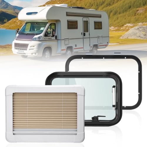 GEARMONSTER Ausstellfenster Wohnmobilfenster 500x350mm Seitenfenster Wohnmobil Fenster mit integriertem Rollo und Fliegengitter RV Externes Push Fenster für Wohnwagen Van Camper