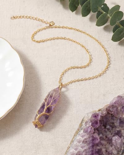 Image of Tree of Life - Amethyst Healing Crystal Chakra Necklace & Pendant, Reiki Spiritual Jewelry Gift for Women & Men, Positivity Energy Protection, Good Luck, Birthday Gifts for Women, Mom, Sister