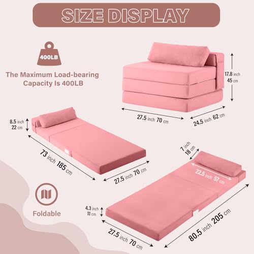 Image of Tiita Folding Sofa Bed Chair, 4-Fold Convertible Sleeper Chair with Lumbar Pillow, Washable Cover & Side Pocket, Floor Couch Bed with Raised Seat, Single Size for Small Spaces, Pink