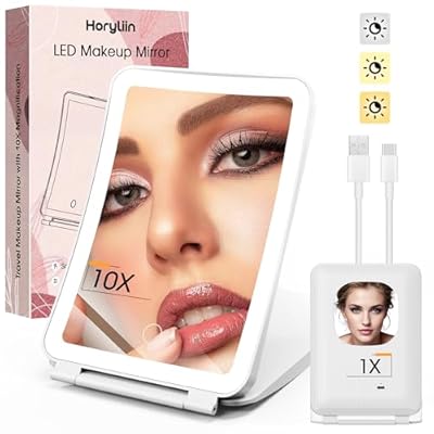 10X/1X Magnification Lighted Makeup Mirror with Lights, Rechargeable Magnifying Mirror with 80LED&2000mAh Battery, Portable Travel Vanity Mirror with 3 Colors Dimmable Lighting, Travel Essentials