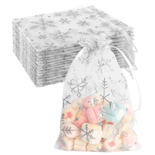 Image of Snowflake Organza Bags, 50 PCS Christmas Sheer Organza Bags with Drawstring 4 x 6 inch, Jewelry Gift Bag, White Small Mesh Goodies Xmas Wedding Favor Mini Candy Pouches Bag for Christmas Party Favors