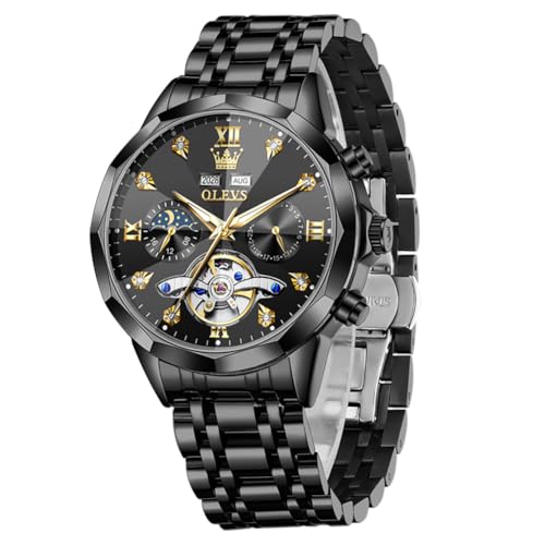 Image of OLEVS Automatic Men Watch Self Winding Mechanical Moon Phase Business Luxury Diamond Dress Stainless Steel Waterproof Luminous Mens Wrist Watch