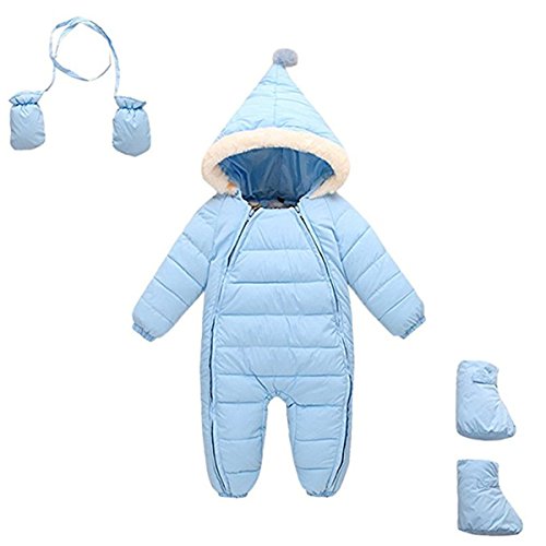 JELEUON 3 Piece All Unisex Baby Toddler One Piece Winter Warm Puffer Jacket Jumpsuit Snowsuit Romper 24-30 Months Light Blue
