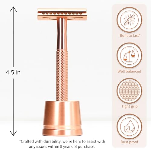 Image of Bambaw Double Edge Safety Razor with Stand, Women Razor with 5 Double Edge Safety Razor Blades, Plastic Free Metal Razor - Rose Gold