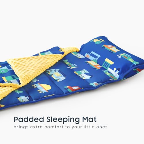 Image of Wake In Cloud - Toddler Nap Mat with Pillow and Minky Fleece Blanket, for Kids Boys Ages 3 Plus in Daycare Preschool Kindergarten, Roll Up Sleeping Bag, Planes Trains Trucks
