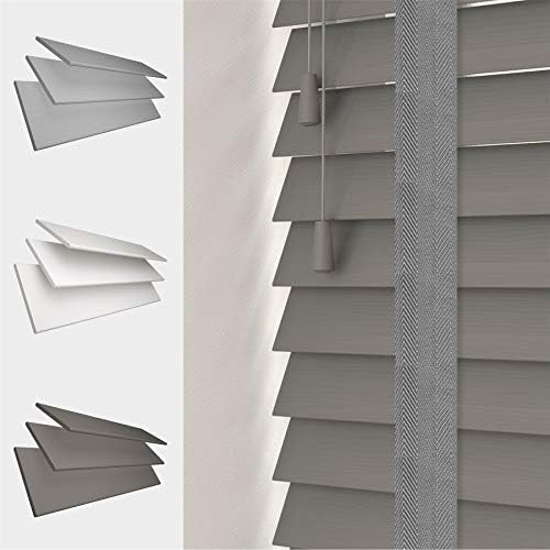 FAUX WOOD GRAIN VENETIAN BLINDS 50MM SLATS TRIMMABLE EASY FIT OFFICE HOME [White, 60cm Width x 120cm Drop, Tape]