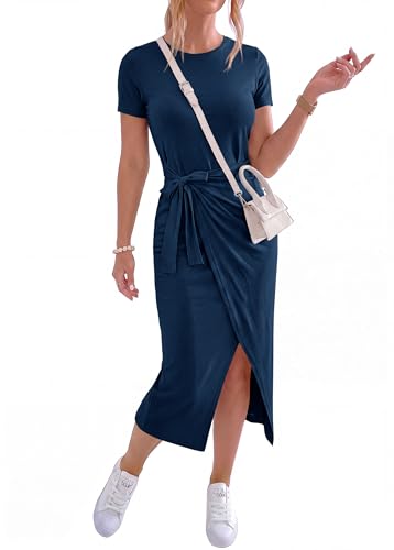 Image of NOLLSOM Women Casual Sleeveless Striped Tank Midi Dresses Halter Neck Ruched Bodycon Dresses Tie Waist T Shirt Summer Dress