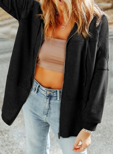 Dokotoo Waffle Womens Knit for 2025 Zip Up Drawstring Contrast Fall Tops Trendy Lightweight Outfits Jackets Clothing4