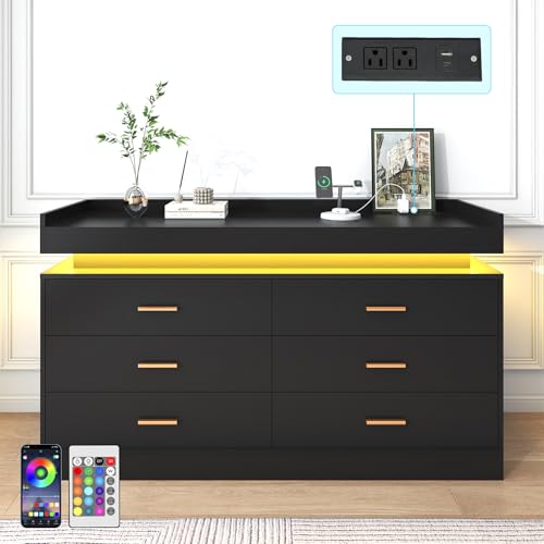 Image of jiteentarou 6 Drawer Dresser with Charging Station and LED Lights, Modern Chest of Drawers with Power Outlet, Organizer Cabinet for, Living Room, Black
