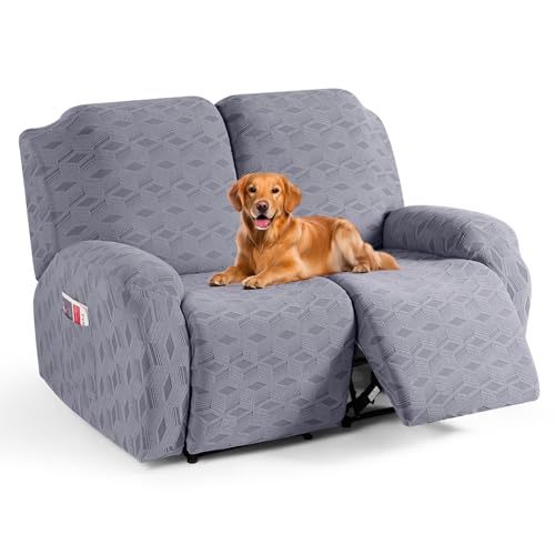 TAOCOCO Recliner Loveseat Cover Oversized, Stretch Jacquard Reclining Loveseat Cover for 2 Seat Extra Large Sofas Recliner Covers with Elastic Bottom for Kids, Pets (Light Grey)