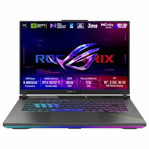ASUS ROG STRIX G16 G614FR, 16' 2.5K WQXGA, AMD Ryzen 9 9955HX, 16GB RAM DDR5, NVIDIA GeForce RTX,5070 Ti 12GB GDDR7, 1 TB SSD,Win 11 Home WI-Fi 6E,BT 5.3, Tastiera Retroilluminata RGB