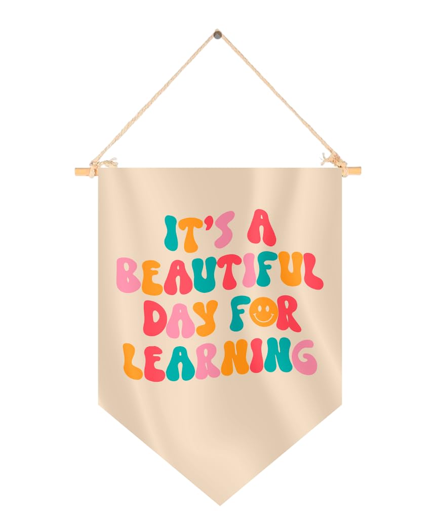 15.4x11.1 Inch Hanging Pennant with It's A Beautiful Day For Learning - Teachers Appreciation Week Gift - Canvas Hanging Single Sided Pennant Classroom Decor - Pennant Linen Flag Wall Art Banner