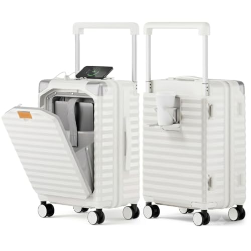 Image of Joyway 20 Inch Carry on Luggage with Front Pocket, PC Hardshell Suitcase with USB Port and Cup Holder, 21.5x14.2x9 Airline Approved, with Spinner Wheels and TSA Lock, White