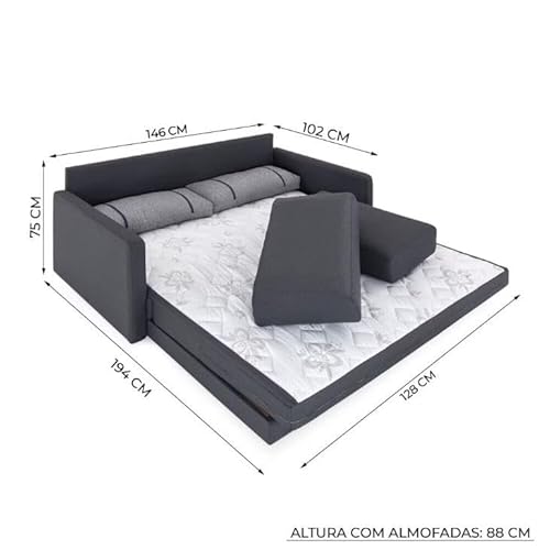 Sofá-cama 2 Lugares Casal Herval Aurora, Linho Grafite Fechado, 146 cm