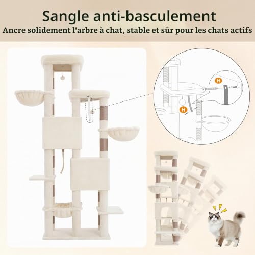 Heybly Arbre à Chat 190cm avec Base Élargie et Ultra-Stable, Tour à Chat XXL pour Grand Chat, Meuble Chat avec 2 Nids, Perchoir, Hamac, Poteaux à Gratter en Sisal, Beige HCT062MJ – vue 7