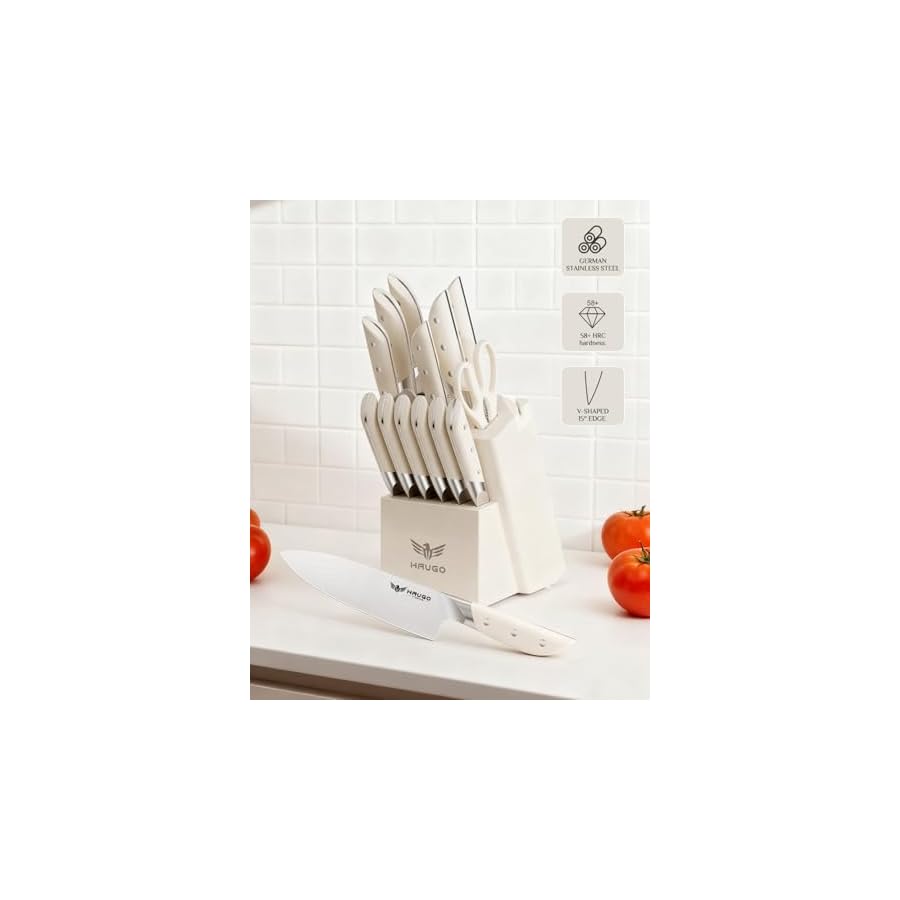Kitchen Knife Set with Block: 14-Piece German Stainless Steel Full Tang Professional Knife - Comfortable Grip Reduces Hand Fatigue 30% - Dishwasher Safe & Sharpener - White Knife Set for Cooking