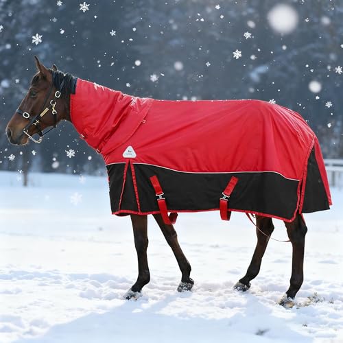 Image of 1680D All-Weather Horse Turnout Blanket with Detachable Neck Cover - 280g Medium Weight Winter Horse Blanket, Water-Resistant & Breathable for Cold Weather (72in /135cm)