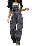 Vaceky Baggy Cargo Denim Overalls Women Adjustable Bib Apron Pants with Side Buttons, Multi-pockets