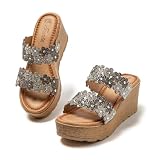 JOMIX Sandales Femme Compensées Mules Mode Été Pantoufles Fleurs Strass Élégant Confortable Plateforme Plage Maison Vacances Antidérapant Léger WWC250246, Argent, 37 EU
