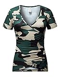 Beauhuty Women's Top Print Deep V Neck Slim Fitted Ruched T-Shirts Front Surplice Wrap Short Sleeve Tees (L, Short-Camouflage)