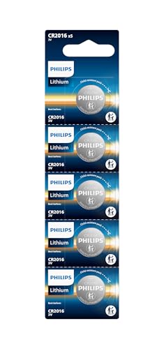 Philips CR2016 Battery 5 Pack | CR 2016 Batteries | 10 Year Shelf Life | Durable Leak-Proof Design | CR2016 3v Lithium Coin Battery | for Car Remote Watch Pet Collars Sensors Tablets.