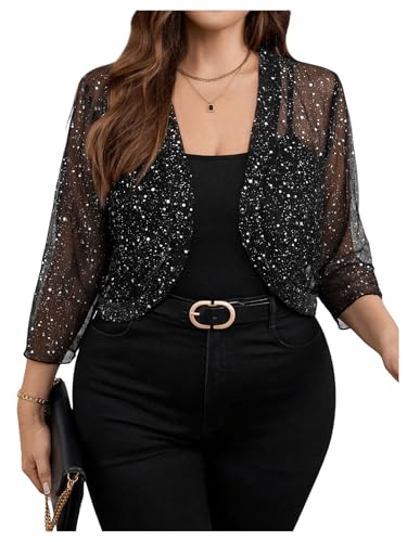 GORGLITTER Women's Plus Size Sheer Shrug Glitter 3/4 Sleeve Party Cropped Mesh Cardigan