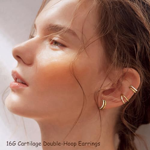 16G Cartilage Double-Hoop Earrings for Women Helix Conch Piercing Jewelry 14K Gold Plated Tragus Piercing Cubic Zirconia Double Hoop Earring2