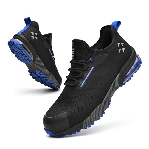 SPIEZ Unisex Slip-On Steel Toe Work Sneakers – Lightweight, Slip-Resistant & Breathable Safety Shoes with Air Cushion, Black/Blue (Women’s 5-13.5 / Men’s 3.5-12)