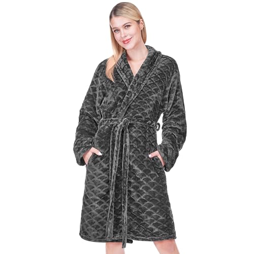 Image of PAVILIA Plush Robe for Women, Soft Fleece Short Bathrobe, Warm Lightweight Knee Length Lounge Robe with Pockets