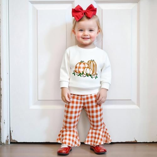 Karuedoo Toddler Baby Girl Halloween Outfit Pumpkin Embroidery Long Sleeve Sweatshirt and Plaid Flared Pants Set Fall Clothes2