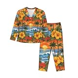 Zelinge Conjunto de pijama clásico de manga larga con botones para mujer, tallas S-XXL, Flores tropicales, ondas, pájaros, XXL