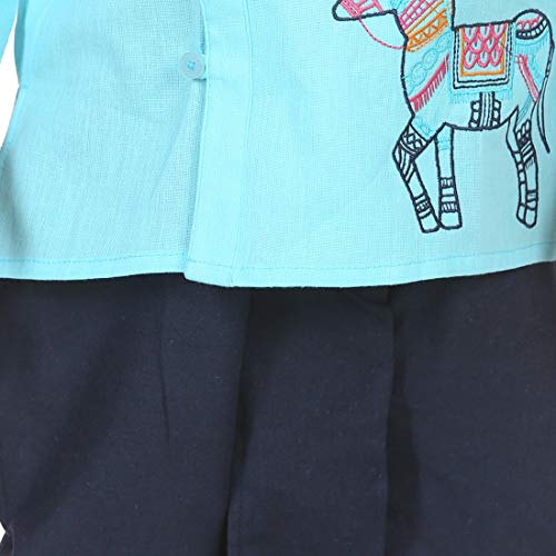 Image of BownBee Ethnic Wear Cotton Kurta Dhoti Set for Boys, Front Open Horse Embroidered With Full Sleeves and V Neckline (Blue, 5-6 Yrs)