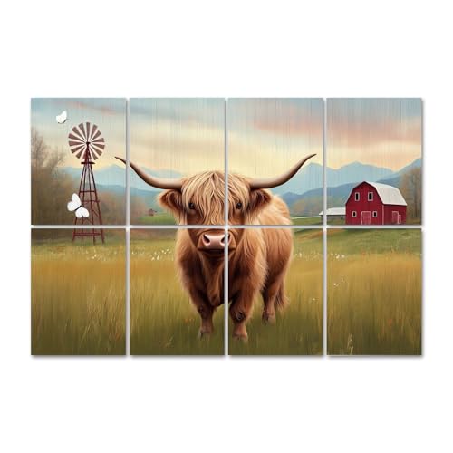 8 Panels Art Acoustic Panels Cute Highland Cow Funny Cow Old Barn Farmhouse Cattle Animal Highland Soundproof Wall Panels Padding Decorative Sound Absorbing Panels 48"x32" for Recording Stud...