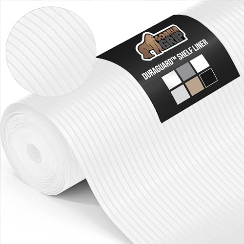 GORILLA GRIP DuraGuard Shelf Liner, Non-Adhesive Cabinet Liners for Kitchen Drawers, Shelves, Refrigerator, Pantry Storage, Bathroom Closet, Durable Waterproof BPA Free Ribbed Plastic, 17.5x10 White