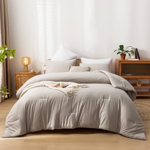 Weigelia Queen Comforter Solid Color 3Pcs Boho Bed Comforter Set Queen Size Tannish Linen Grey Soft Lightweight Down Alternative Microfiber Comforter For All Season (1 Comforter, 2 Pillowcases) #TOP1
