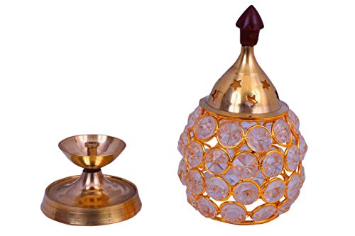 Collectible India Akhand Diya Decorative Brass Crystal Oil Lamp Tea Light Holder Lantern Oval Shape | Puja Lamp (X-Large)