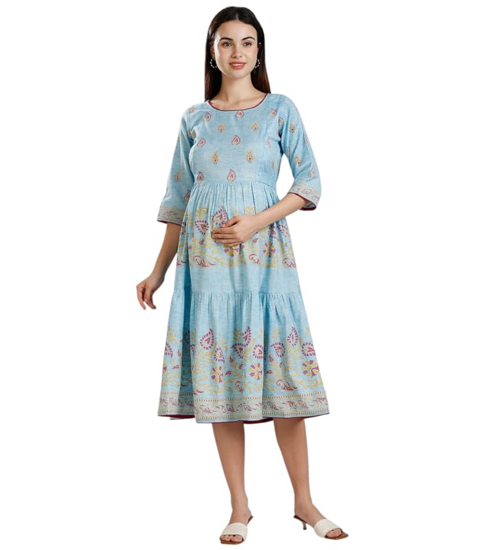 Image of DUMMY SHAPE Maternity Dresses for Women Cotton | Rayon Printed Feeding Anarkali Kurta with Dual Nursing Zipper Access During Pre & Post Pregnancy | Baby Shower Gifts for Mom to Be
