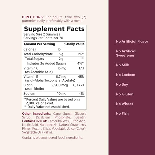 Nature's Bounty Hair, Skin & Nails with Biotin, Strawberry Gummies Vitamin Supplement, Supports Hair, Skin, and Nail Health for Women, 2500 mcg, 140 Ct, 70 Total Servings - Image 6