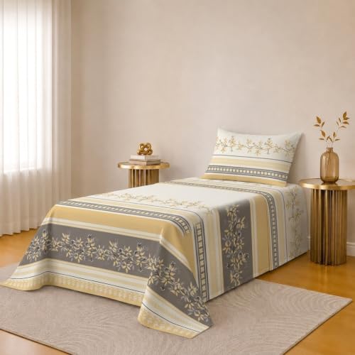 Image of IVAZA 240 TC Soft Ezyption Cotton Floral Print Single Bed Bedsheet - with 1 Pillow Covers, Hypoallergenic, Brethable, (Size- 60 x 90 Inch | Gold Cream
