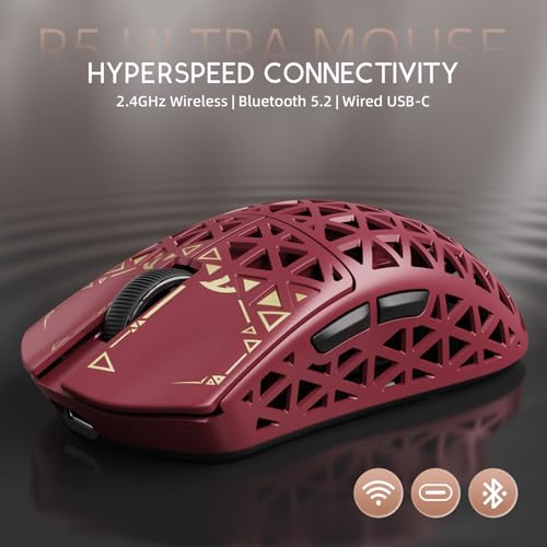 Image of ATTACK SHARK R5 Ultra Wireless Gaming Mouse,39g Superlight Carbon Fiber Hollowed-Out,PAW3950MAX Optical Sensor Nordic 52840 MCU 8K Polling 42K DPI,Tri-Mode Programmable Mice with Coiled Cable-Red