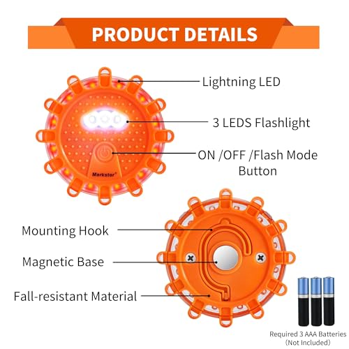 4 Pack LED Road Flares Emergency lights 9 Flash Amber Safety Flares Warning Beacon For Vehicle 4 Beacons Disc Pack With A Whistle,Glove,Hammer (No Battery) (4)